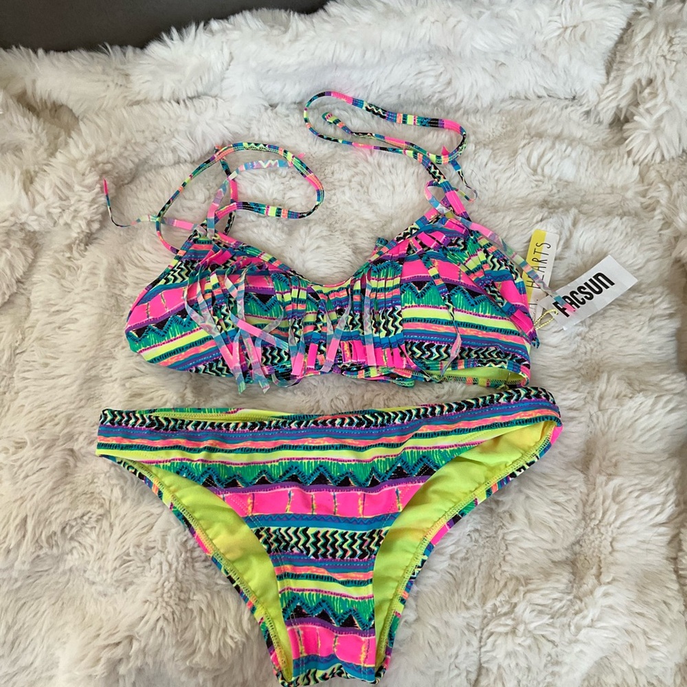 LA Hearts PAC Sun Colorful Striped Bikini fringe medium